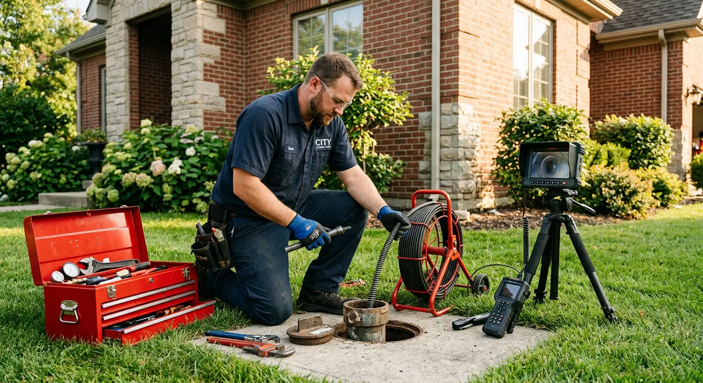 Sewer specialist with camera equipment servicing a cleanout in Fox Crossing