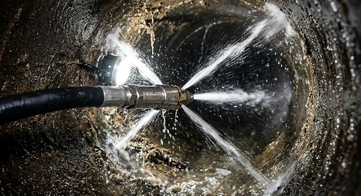 High-pressure hydro jetting nozzle cleaning sewer pipe for Sewer Cleanout in Fox Crossing