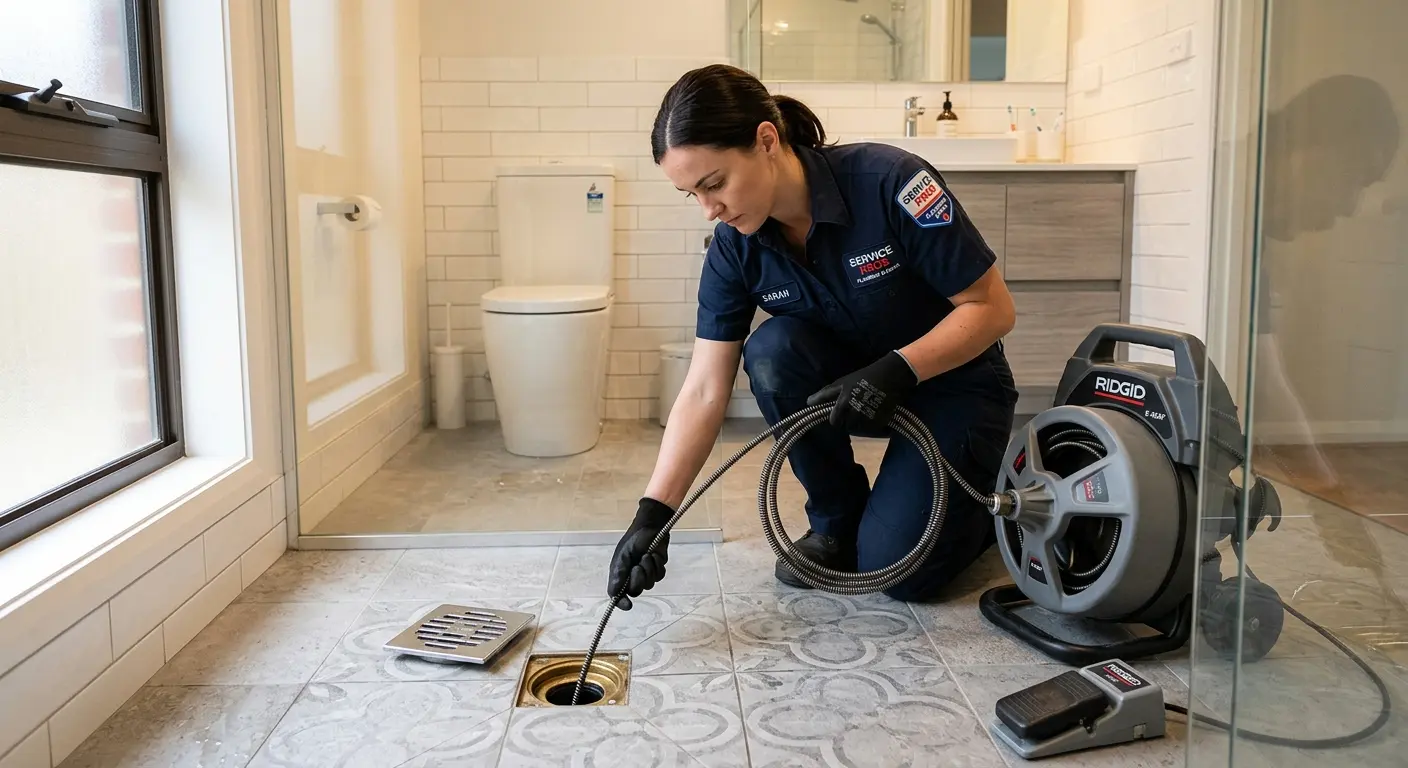 Technician clearing a bathroom floor drain for Drain Repair in Fox Crossing
